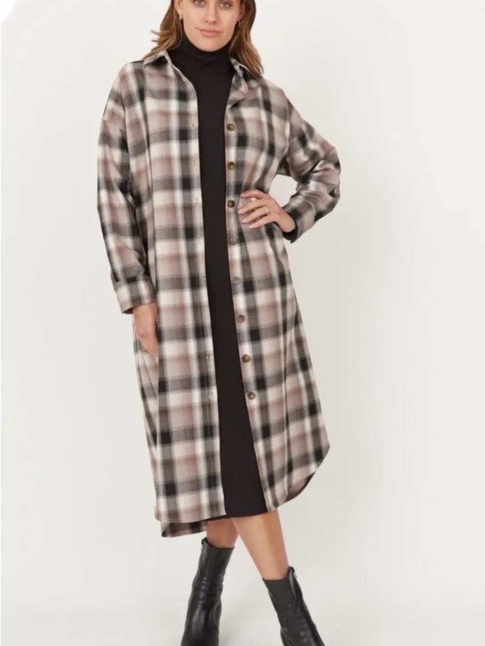 Kylie Paige Plaid Long-Sleeve Button-Front  Dress - Taupe/Black